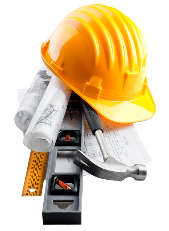 A hard hat , hammer , ruler and blueprints on a white background