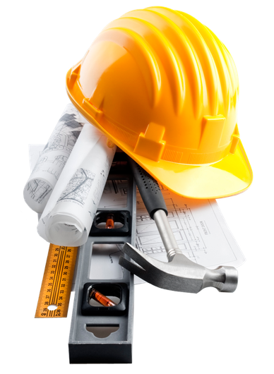 A hard hat , hammer , ruler and blueprints on a white background