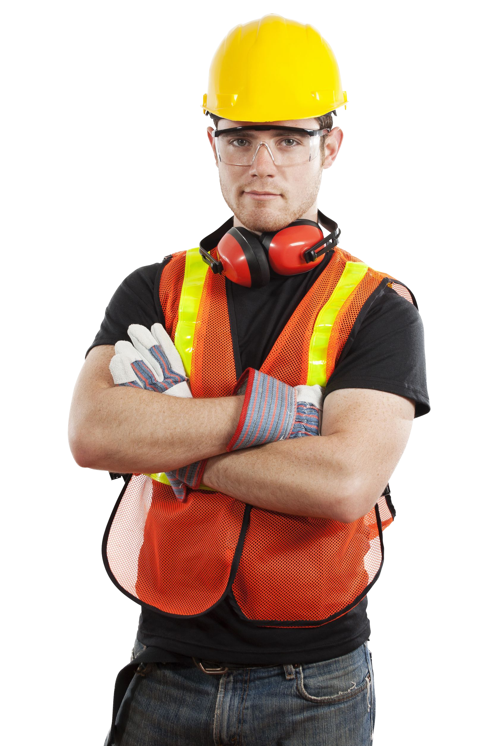 A man wearing a hard hat and safety vest is standing with his arms crossed