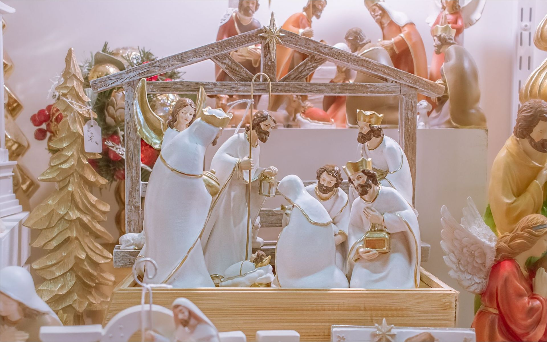 A nativity scene is on display in a store.