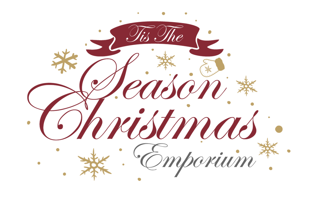 Tis the Season Christmas Emporium A logo for the season christmas emporium with snowflakes and a ribbon.
