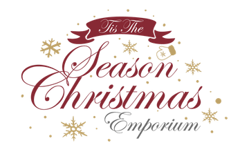 Tis the Season Christmas Emporium A logo for the season christmas emporium with snowflakes and a ribbon.