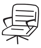 Black line drawing of a modern office chair with armrests and a swivel base on white background