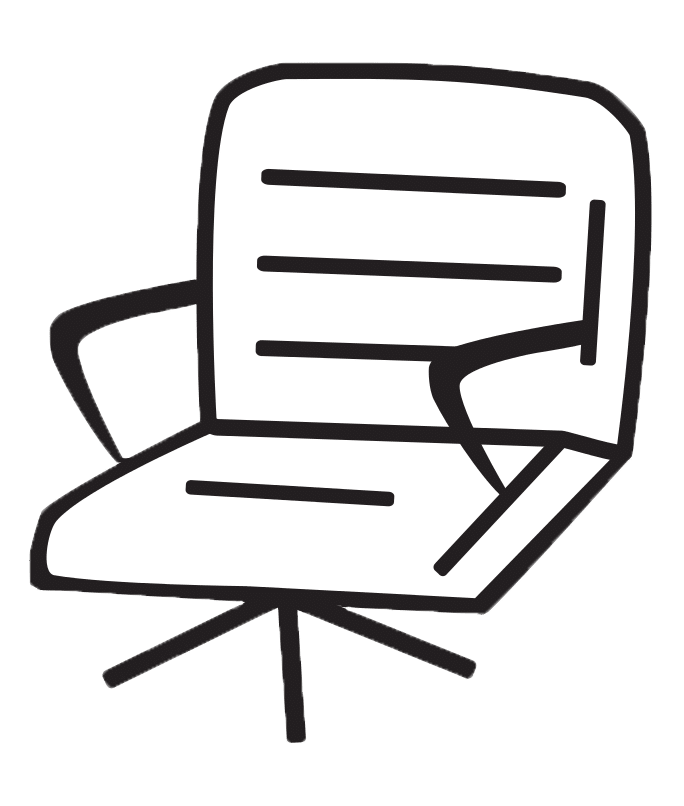 Black line drawing of a modern office chair with armrests and a swivel base on white background