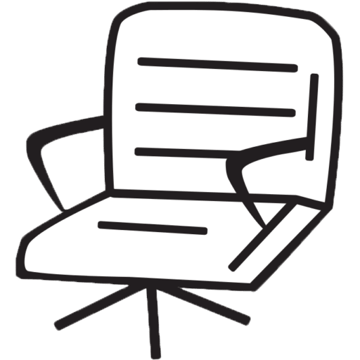 Black line drawing of a cushioned office chair with armrests and a swivel base.