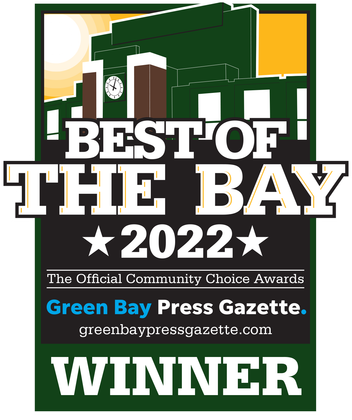 A Green Bay Press-Gazette Best of the Bay 2022 winner logo featuring an illustration of Lambeau Field at the top.