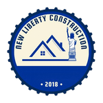 New Liberty Construction logo: Blue bottle cap design with a house icon, Statue of Liberty, and text.