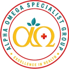 A logo for alpha omega specialist group excellence in health