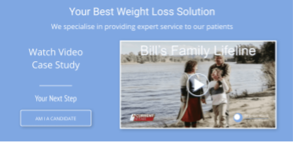 A landing page for a weight loss solution with a video of a family walking on the beach.