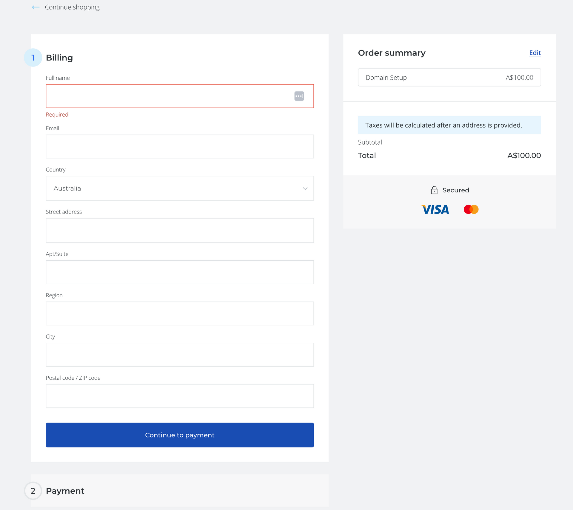 A screenshot of a payment page with a visa card.