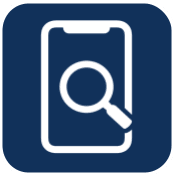 A cell phone with a magnifying glass on it.