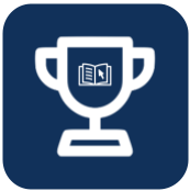 An icon of a trophy with a book inside of it.
