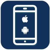 An icon of a cell phone with apple and android logos on it.