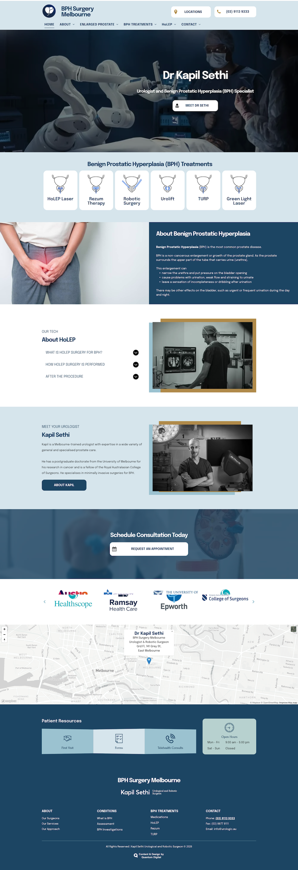 Healthcare website homepage with blue banner, medical imagery, service icons, and content sections below
