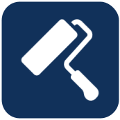 A white paint roller icon on a blue background.