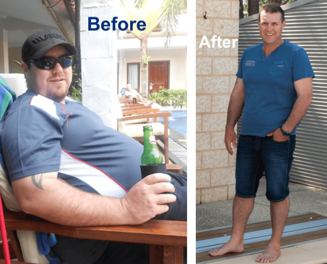 A before and after picture of a man sitting in a chair