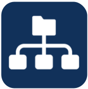 A blue square with a white icon of a folder connected to other folders.