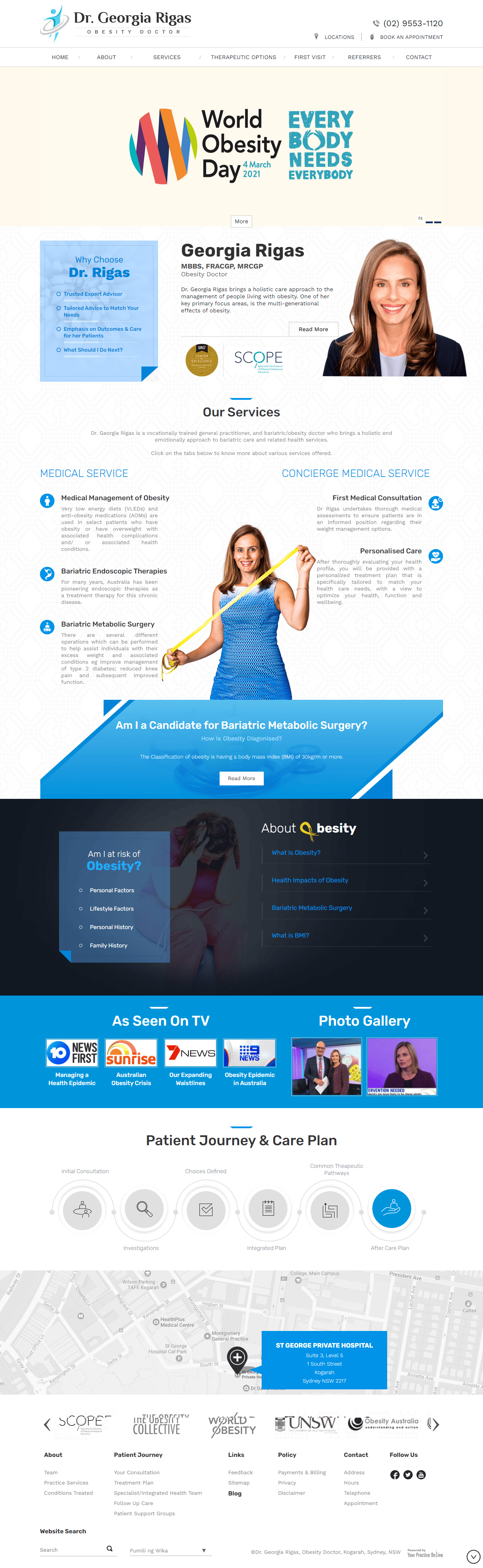 A woman in a blue dress is standing in front of a blue box on a website.