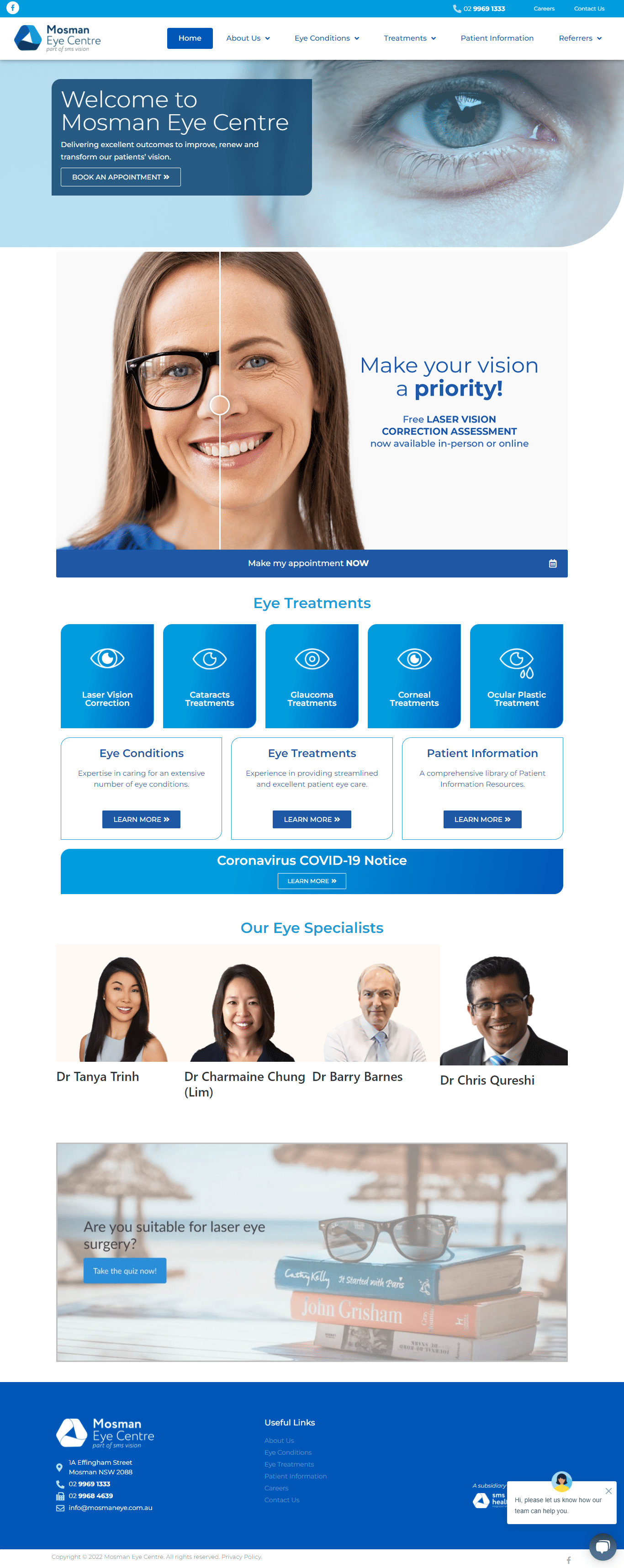 A woman wearing glasses is smiling on the homepage of a website.