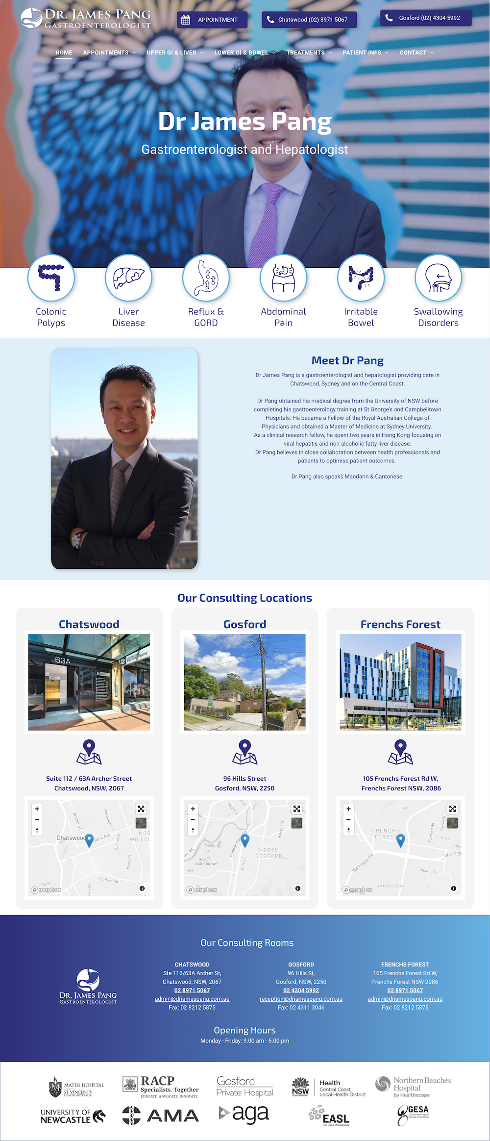 Blue-themed web page for a personal profile, with portrait, bio, and service cards.