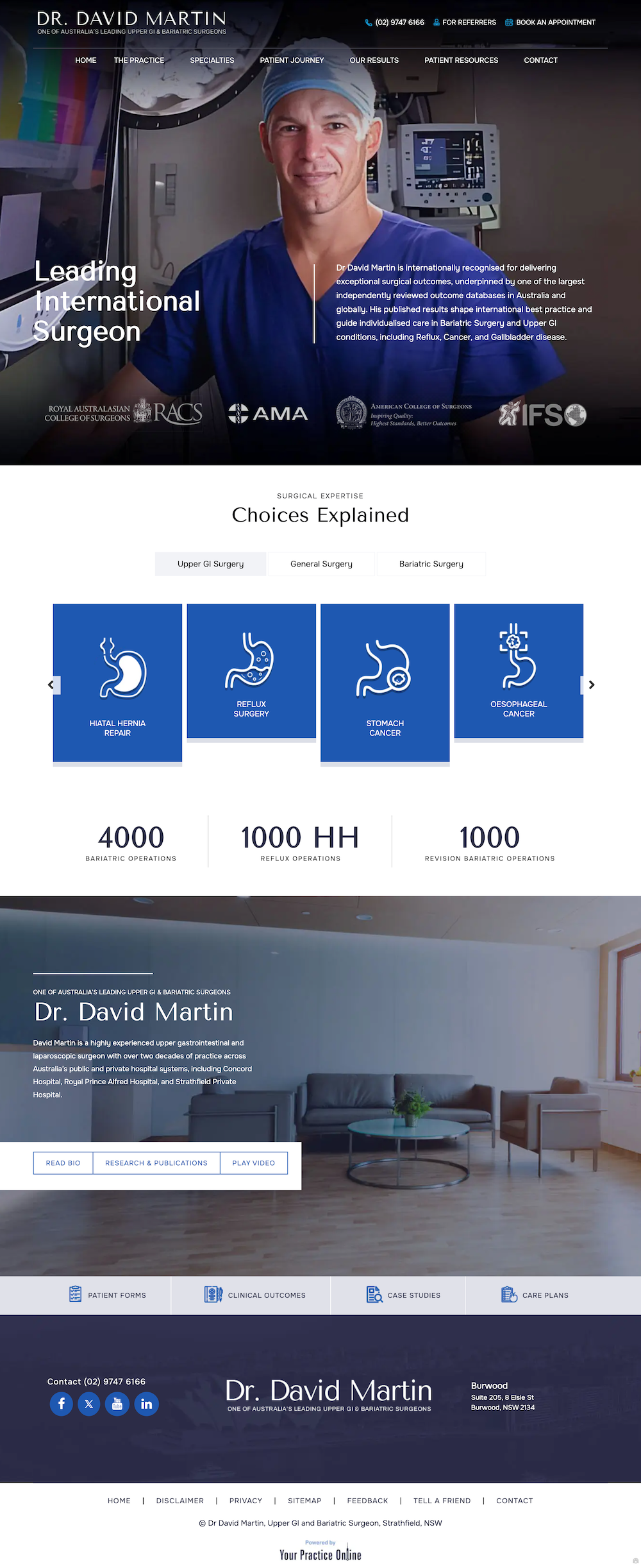 Healthcare website homepage with doctor hero image and blue service icons, plus contact and appointment sections
