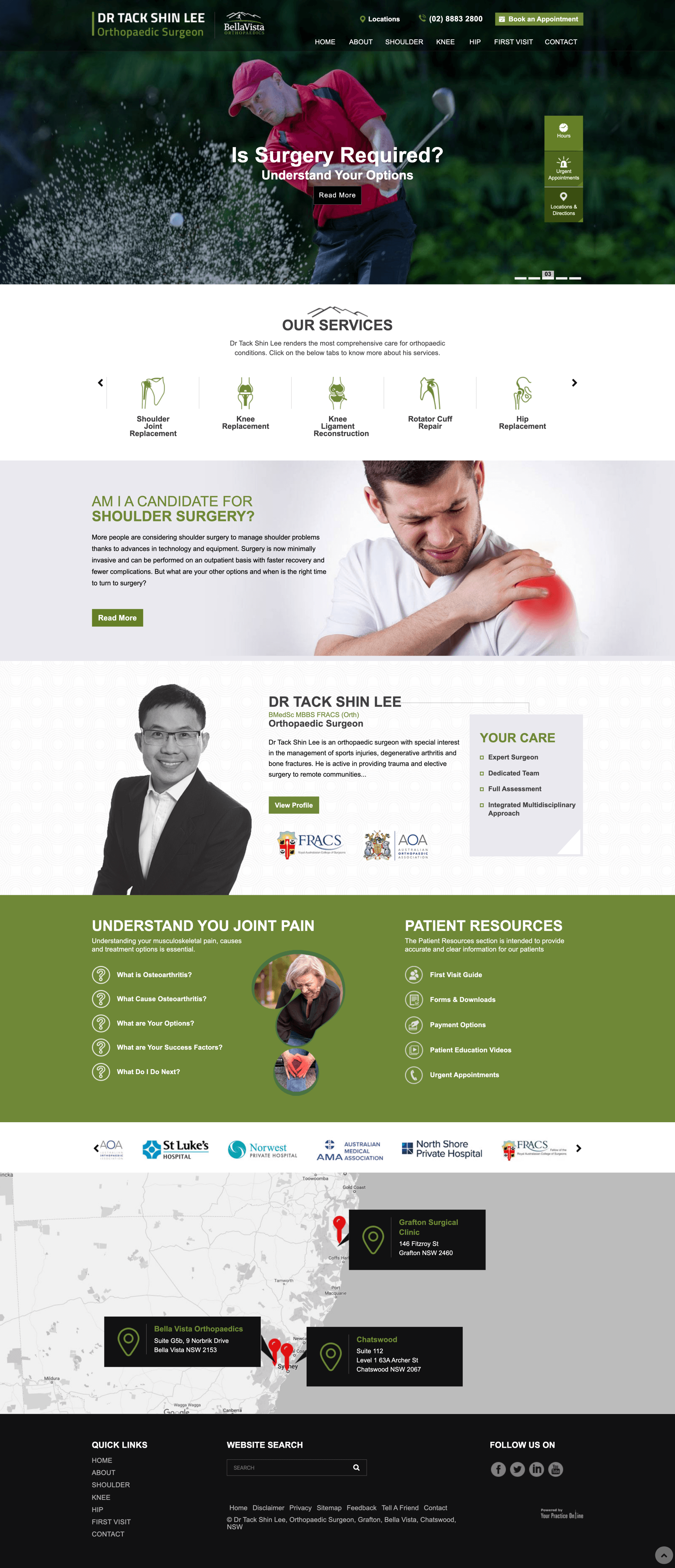 A screenshot of a website with a man holding his shoulder in pain.