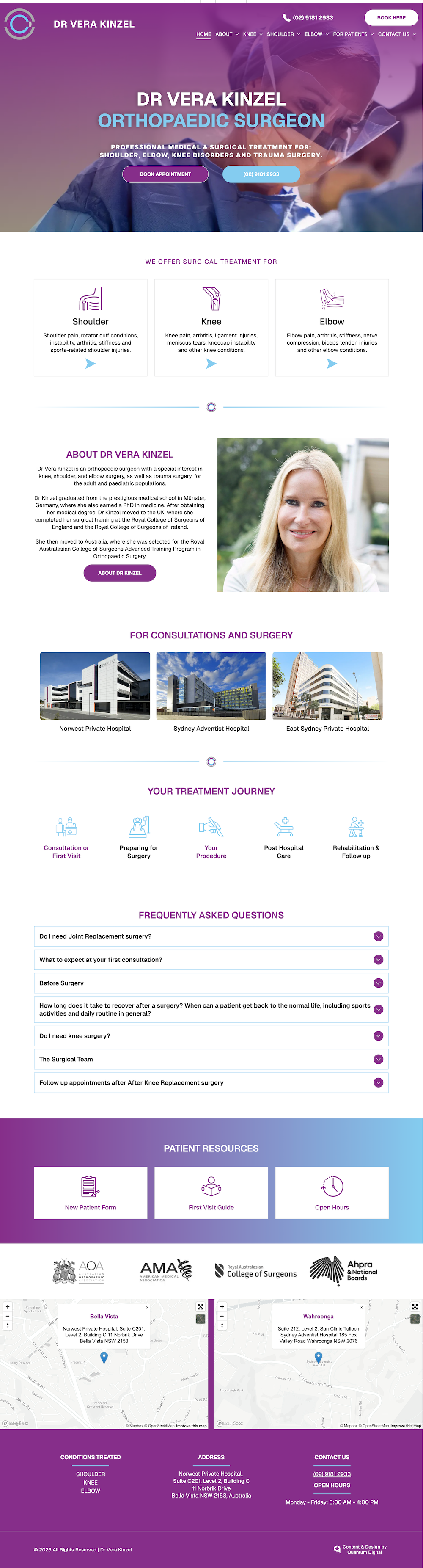 Purple-gradient website homepage with navigation, services icons, featured images, and contact section