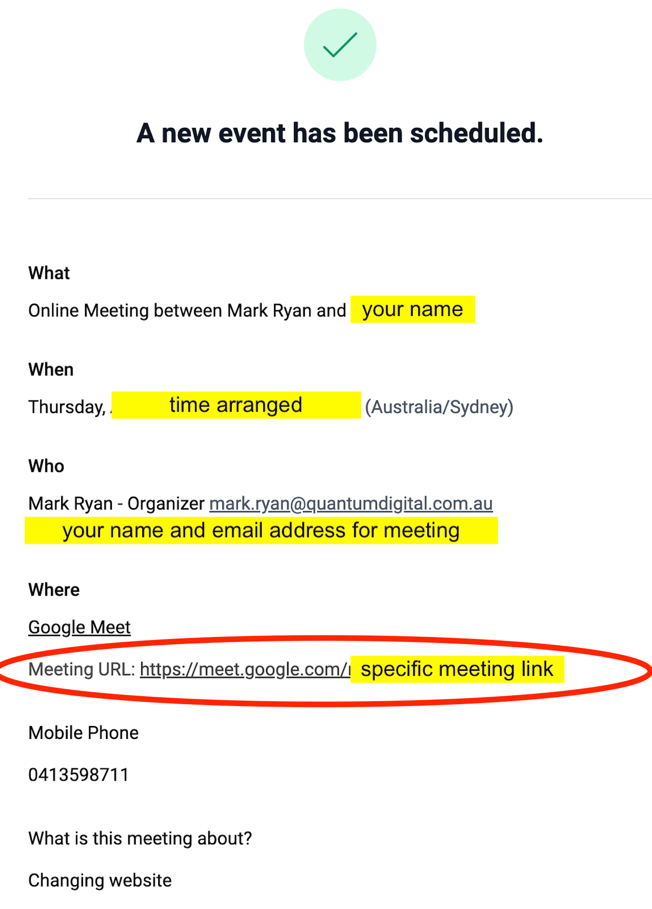 A new event has been scheduled on a white background.
