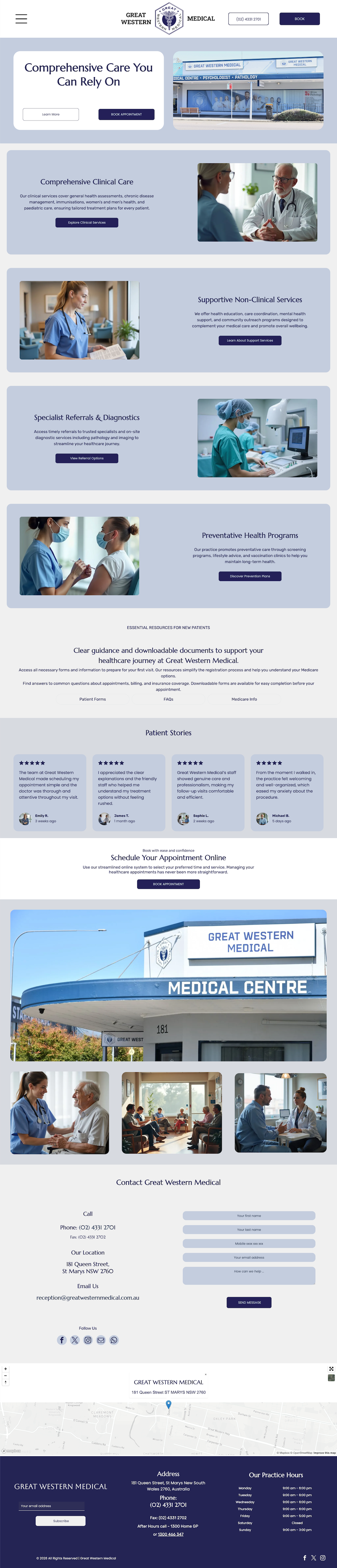 Website screenshot with a blue-themed layout, service sections, and a large header photo of people near a building.