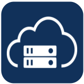 A cloud with two servers inside of it on a blue background.