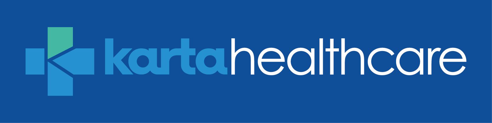 A blue logo for karta healthcare with a green cross on a blue background.