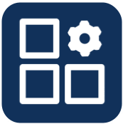 A blue icon with four squares and a gear.