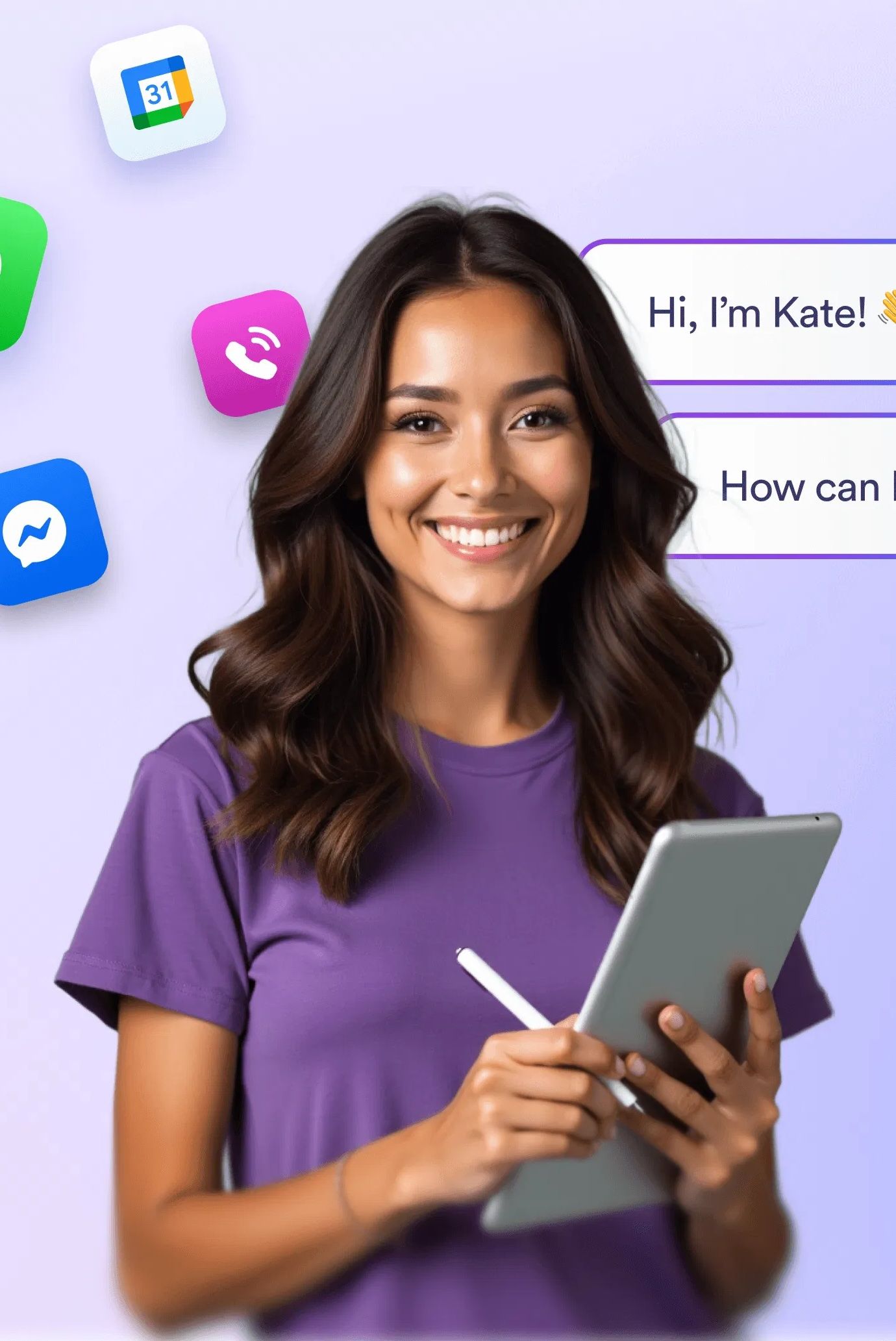 AI Doctors in a purple shirt is holding a tablet and a pen.
