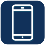 An icon of a cell phone on a blue background.