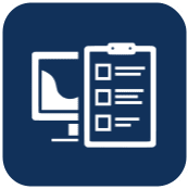 A blue icon with a clipboard and a computer.