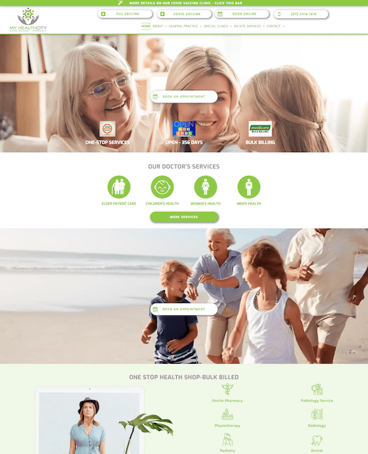 A screenshot of a website showing a family holding hands on the beach.