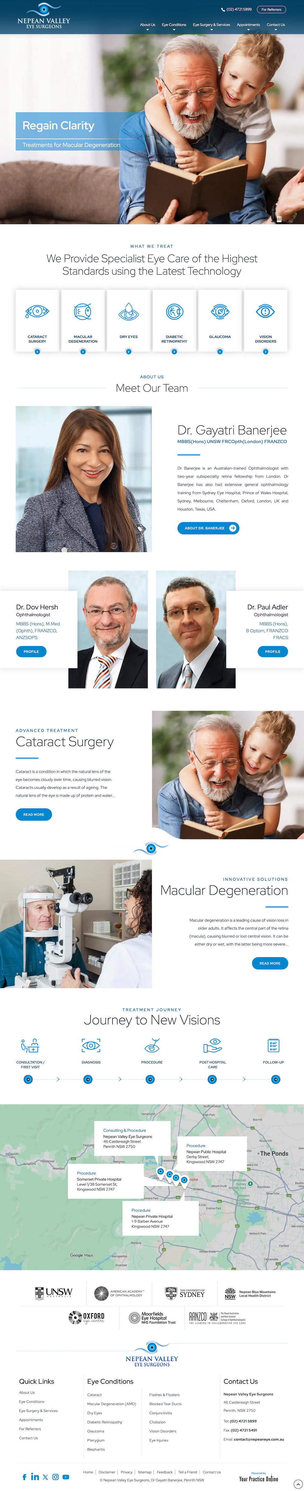 Dental clinic website homepage with blue-and-white layout, smiling patient photos, services, and contact details