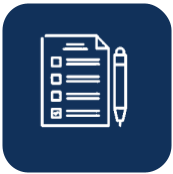 An icon of a checklist and a pen on a blue background.