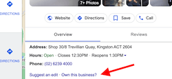 A screenshot of a google business page with an arrow pointing to the suggest an edit button.