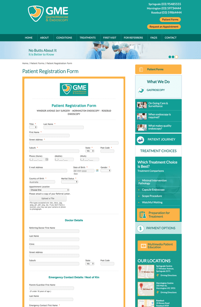 A screenshot of a patient registration form on a website.