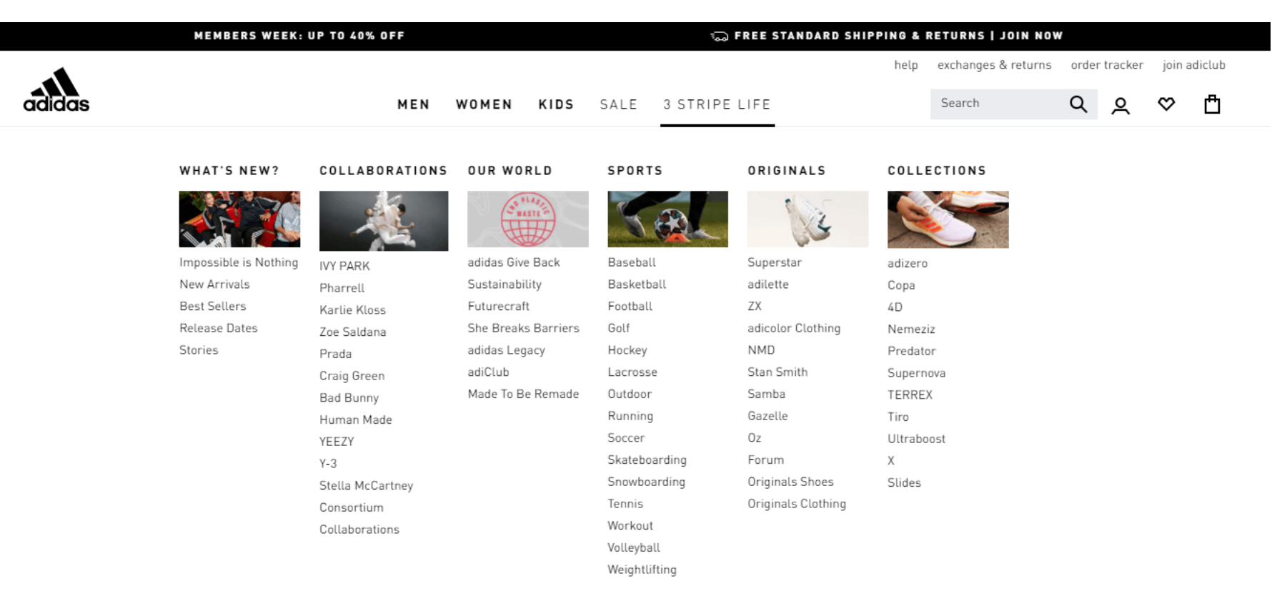 A screenshot of the adidas website showing a list of shoes