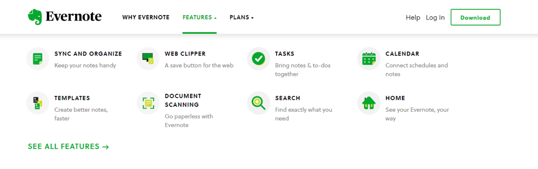 A screenshot of the evernote website.