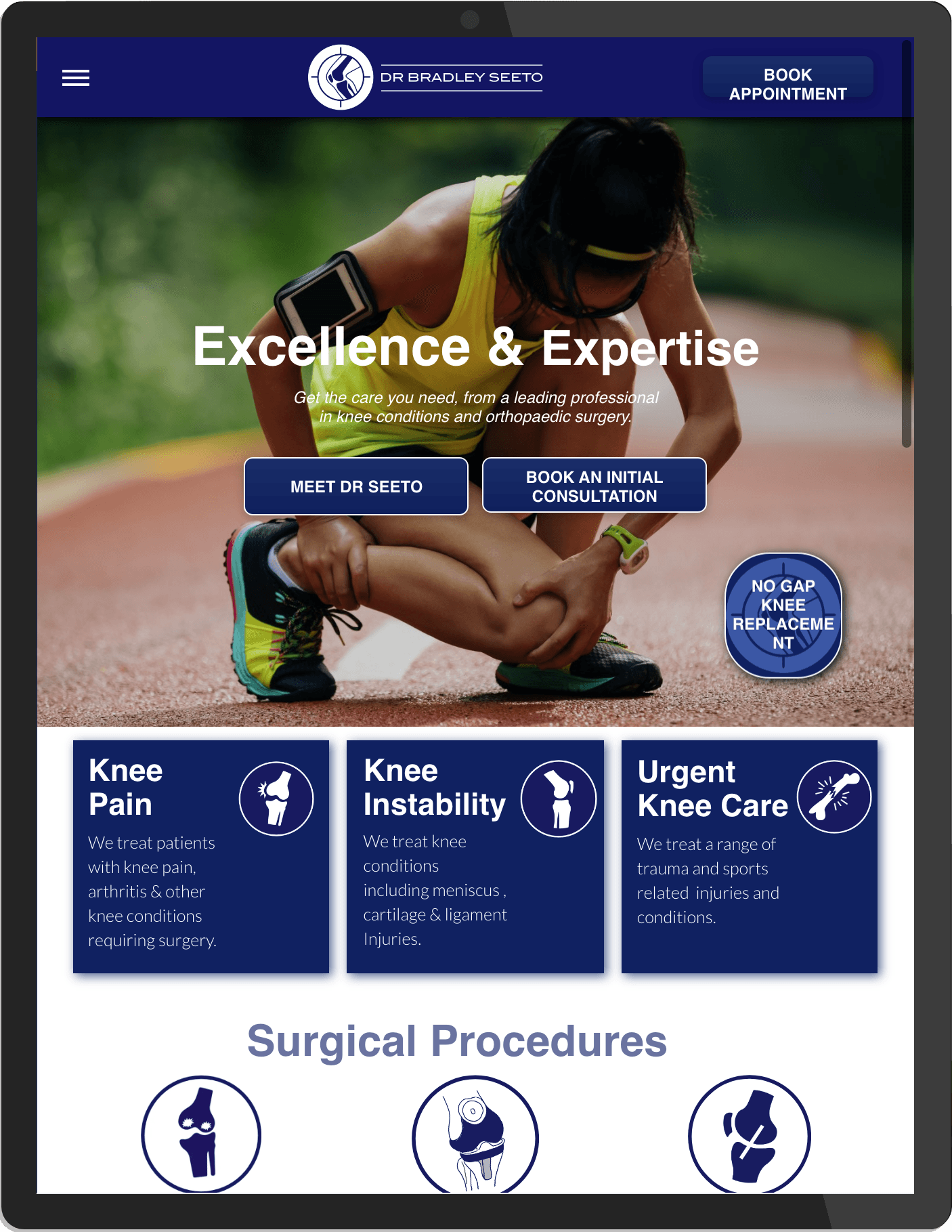 Custom Design for Knee Surgeon Practice Website  Desktop Version