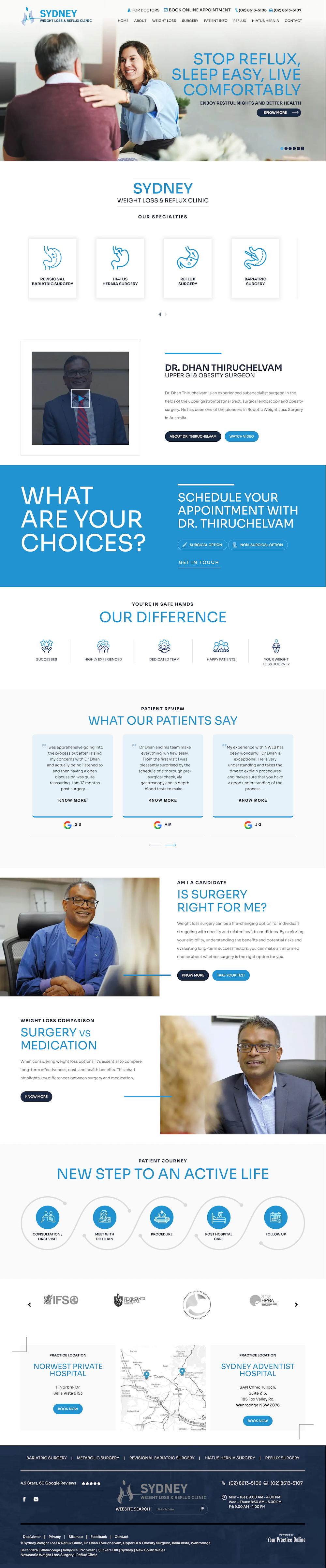 Website landing page with blue header, service icons, and people using laptops and working in offices