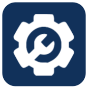 A white gear with a wrench inside of it on a blue background.