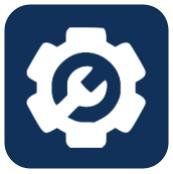 A white gear with a wrench inside of it on a blue background.