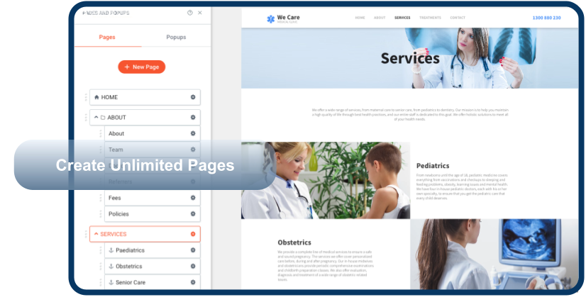 A screenshot of a website that says create unlimited pages