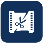 A pair of scissors is cutting a piece of film.