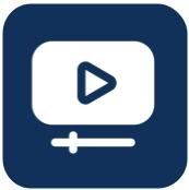 A blue square with a white icon of a play button on it.