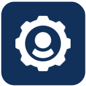 A white gear with a person 's face inside of it on a blue background.